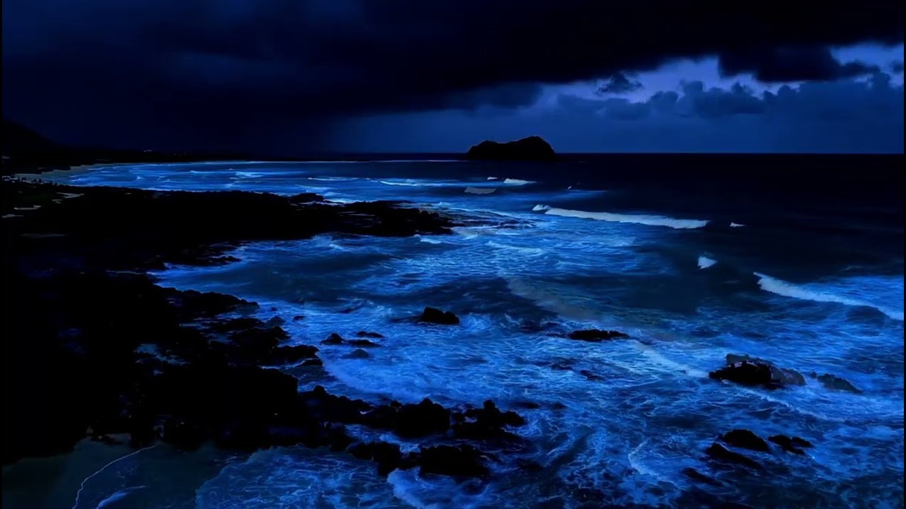 Neon Blue Glowing Waves for Insomnia Relief 🌊 Night Beach Sounds for Sleep, No Music, 4K