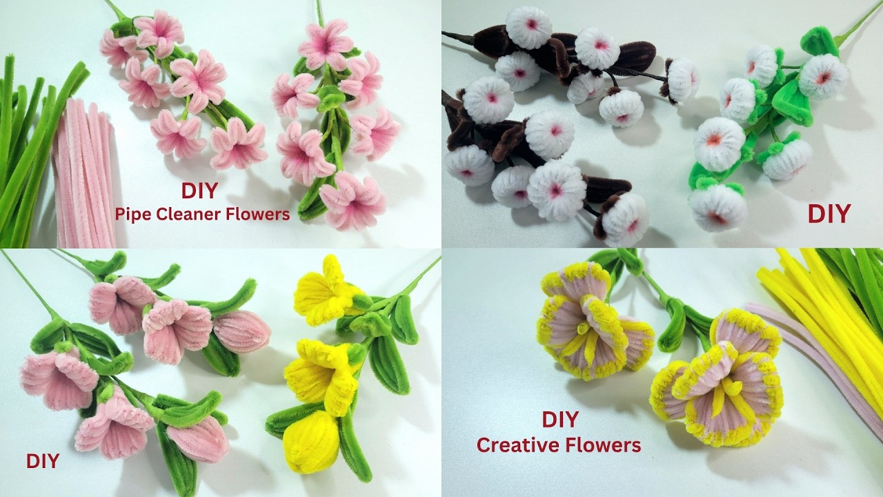 DIY Pipe Cleaner Easy to Make Beautiful 4 Flowers 🌼 |  Popular Color Chenille Easy Bouquet Flowers 🌼