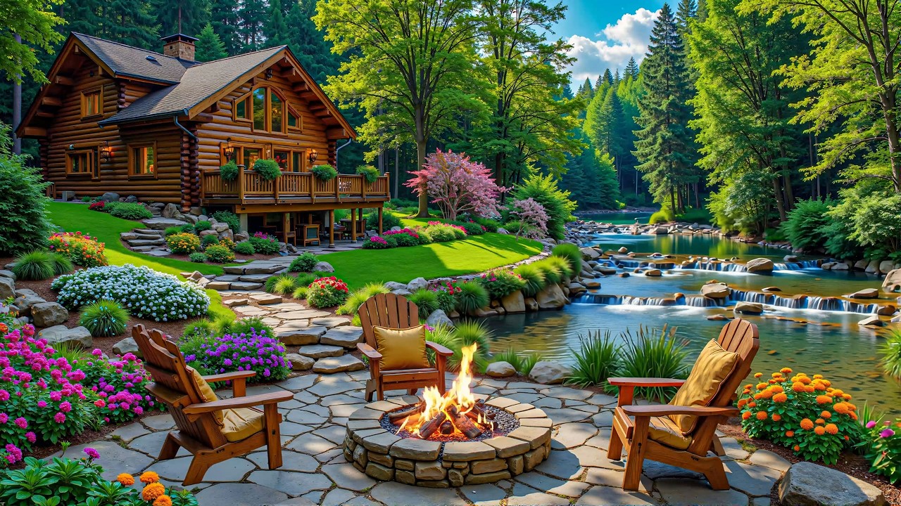 Calming Piano Music with Spring Forest Riverside 🌿🔥 Crackling Fire pit & Nature Sounds Ambience
