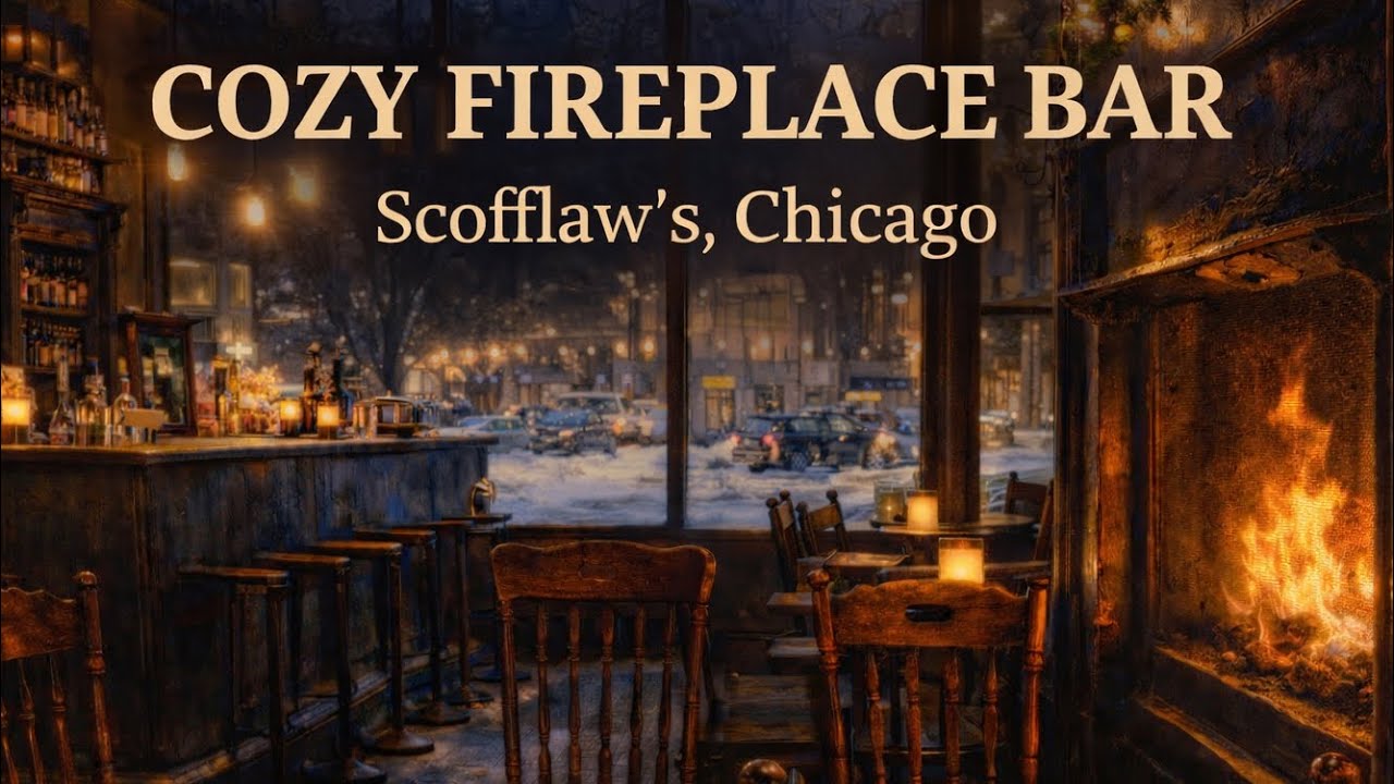 🎧 Cozy Chicago Bar: Fireplace Ambience, Snowy winter Night at Scofflaw  🔥| 4K