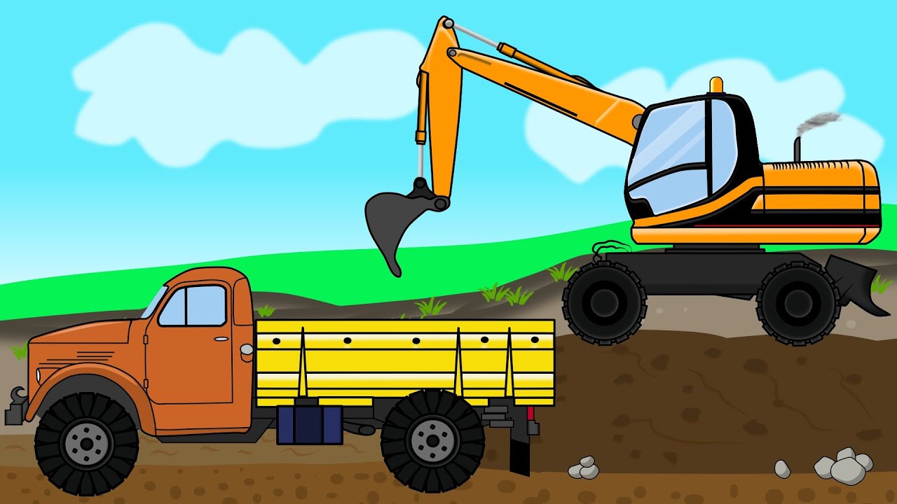 Repair of Roads -  Transport of the Big Yellow Excavator to the Construction Site Cartoons for kids