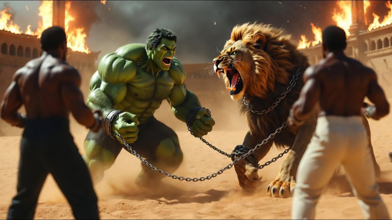 Epic Hulk vs Roaring Lion Battle in Ancient Arena | Fire, Explosions & Cinematic Action