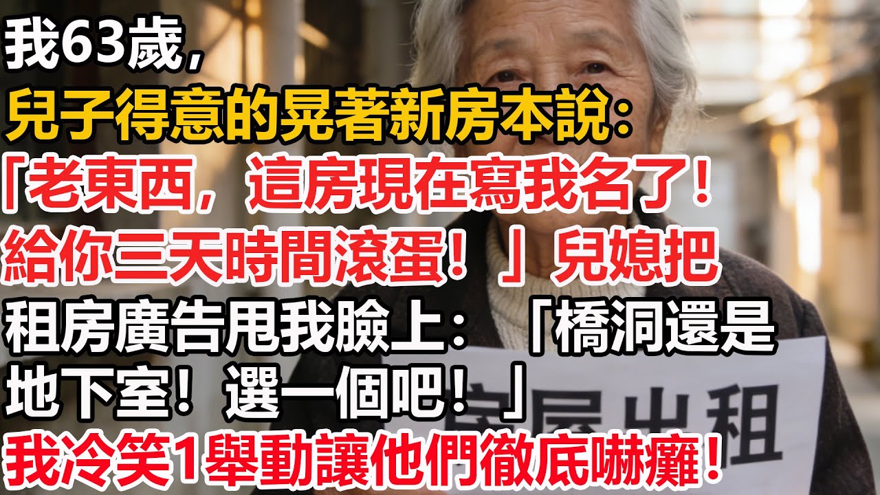 【我63歲】兒子得意的晃著新房本說：「老東西，這房現在寫我名了！給你三天時間滾蛋！」兒媳把租房廣告甩我臉上：「橋洞還是地下室！選一個吧！」我冷笑1舉動讓他們徹底嚇癱！