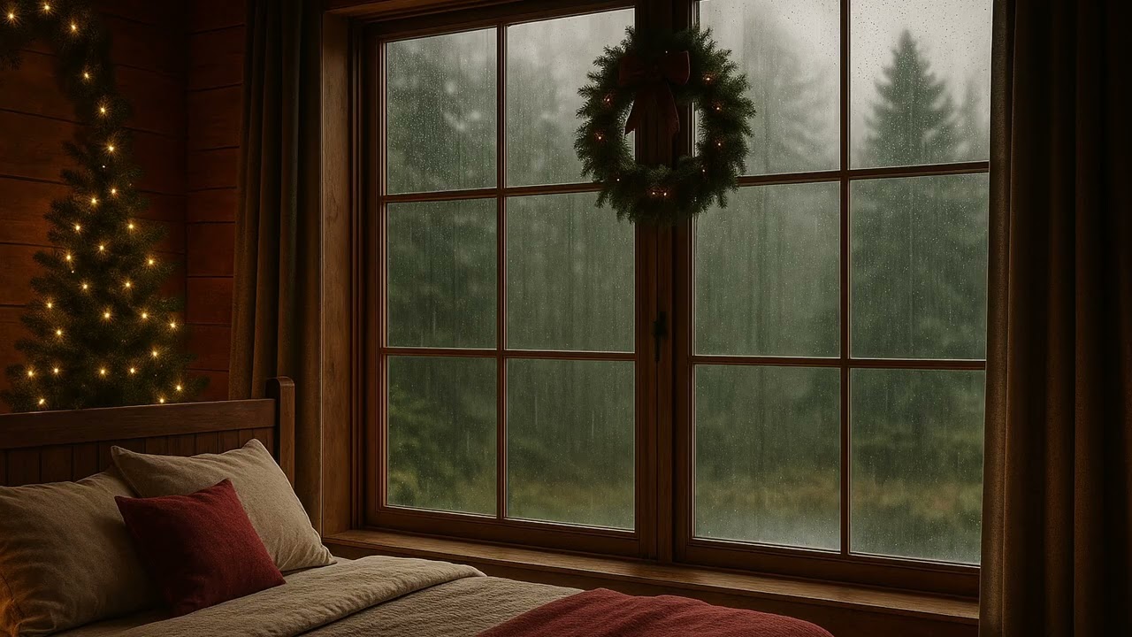 Rainy Christmas Cabin Bedroom 🌧️❄️ Cozy Window View & Relaxing Rain Sounds