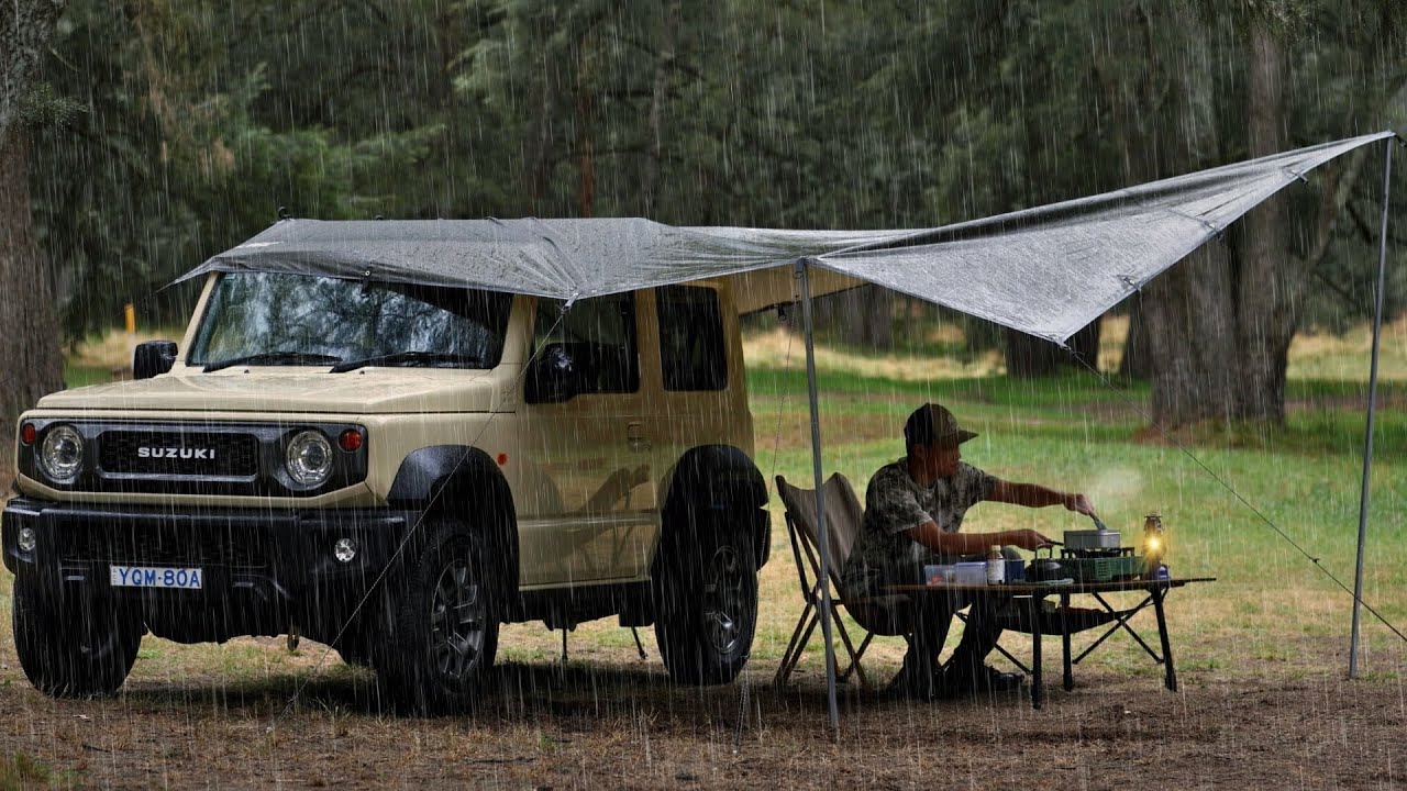 Solo Camping in the Rain and Sleep in Suzuki Jimny | ASMR | Tarp Awning | Mess Tin Cooking