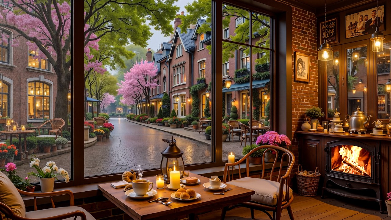 Rainy Spring Coffee Shop 🌧️ Warm Jazz Piano Music & Fireplace Sounds for Relax & Study