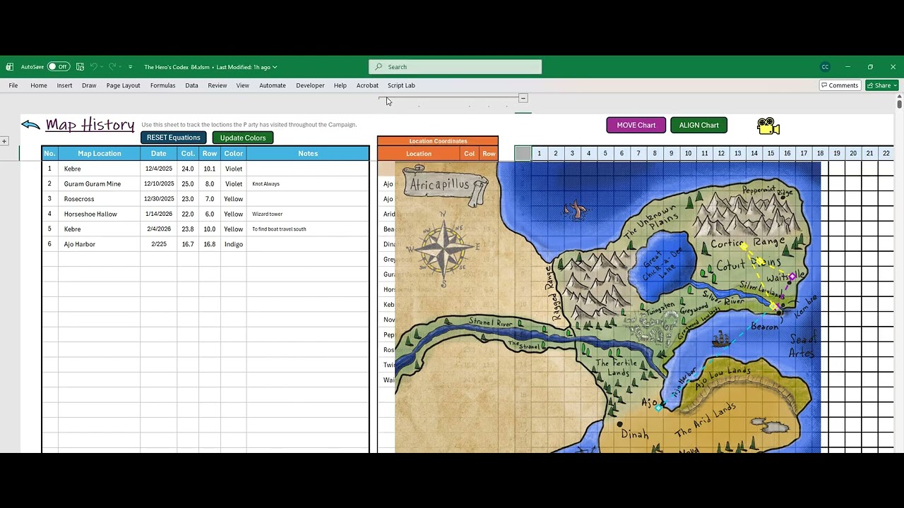 DnD Excel Tool: Hero's Codex Tool - MAP HISTORY