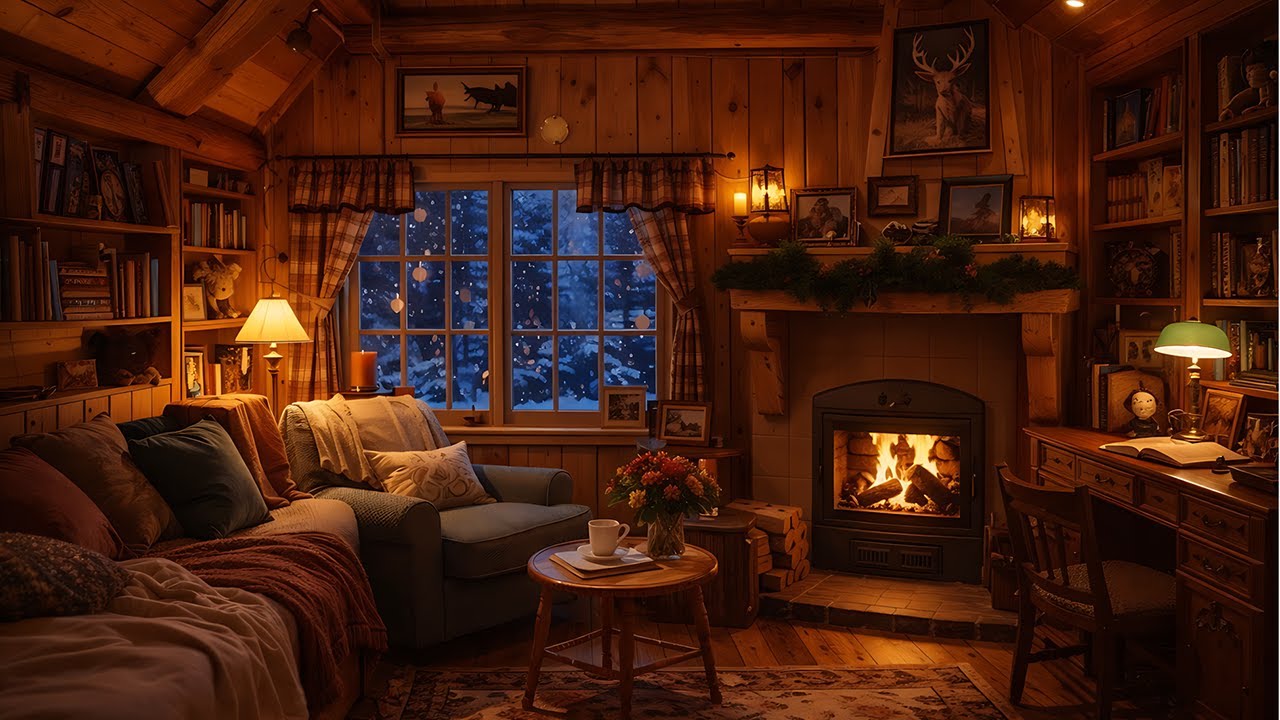 Calm Winter Night Snowfall Fireplace Sounds