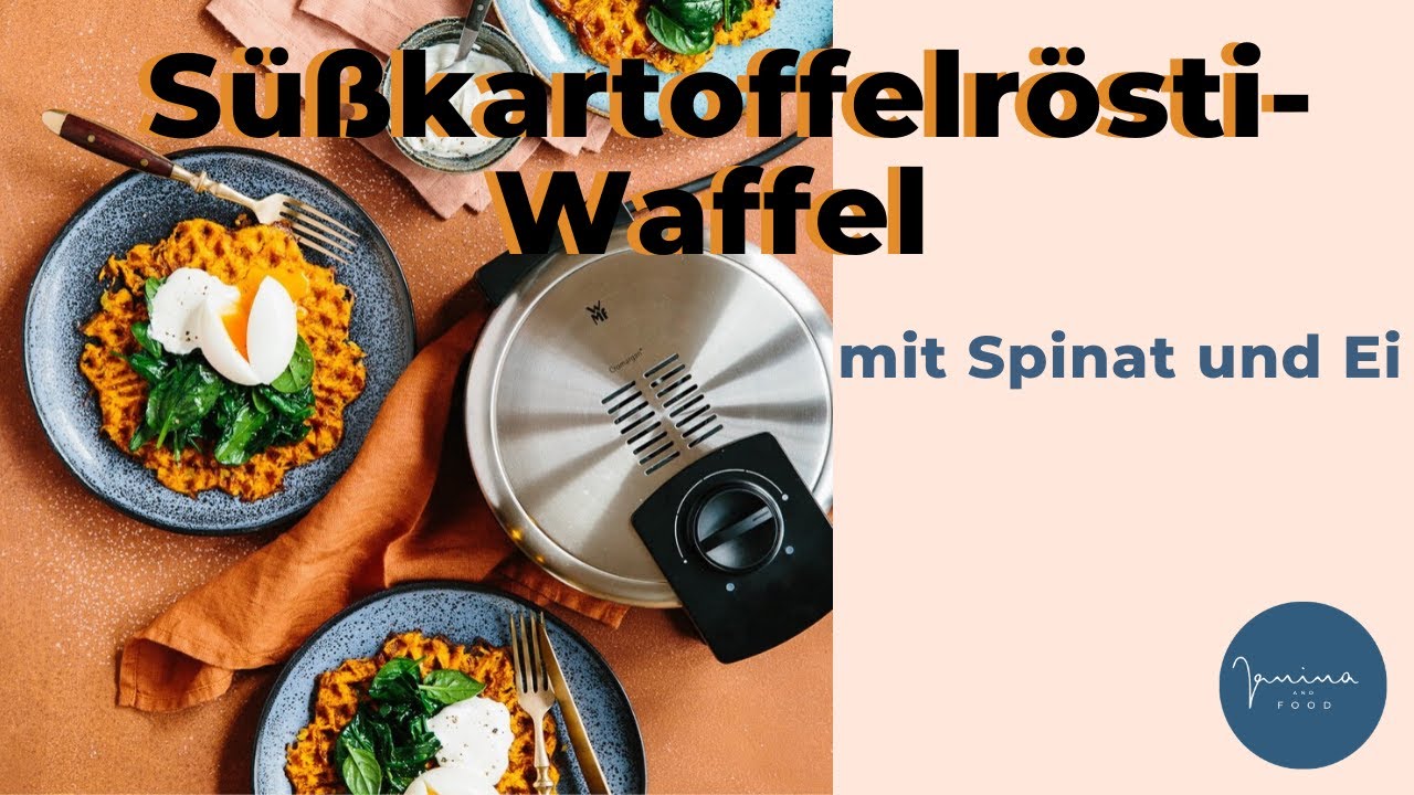 S&uuml;&szlig;kartoffelr&ouml;sti-Waffel mit Spinat und Ei