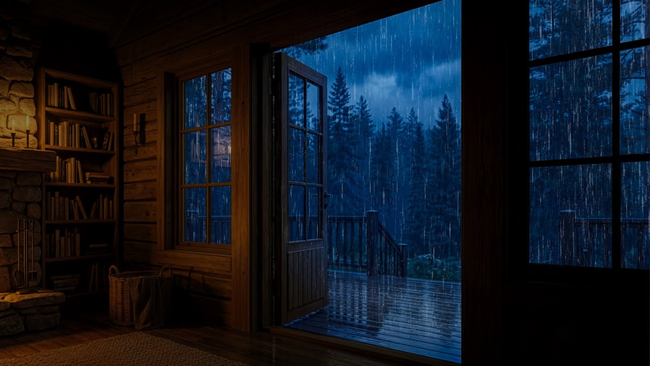 🌧️ Deep Sleep with Heavy Rain Sounds | Cozy Cabin Fireplace