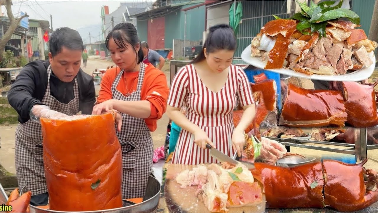 Close-up of the couple selling the most popular crispy-skinned roast pork, selling out in an hour.