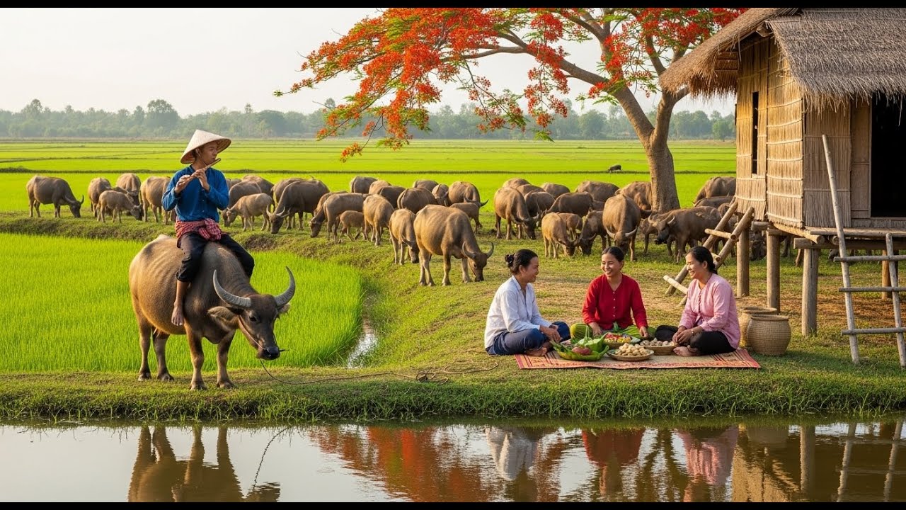 Peaceful Life in the Village – Man Watching Buffalo Grazing