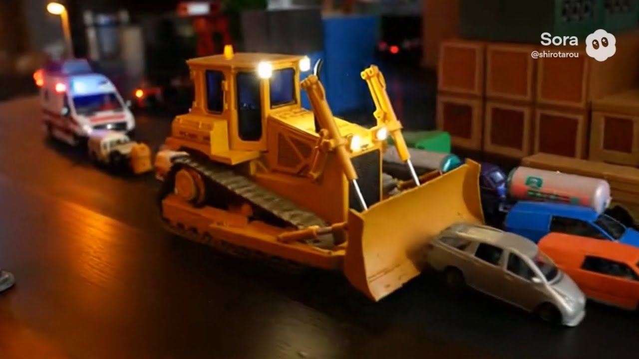 Bulldozer running through a toy town for kids