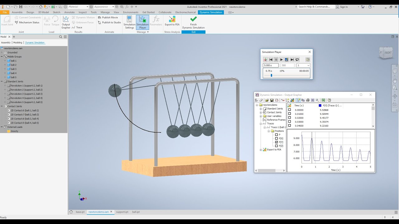 Учебное пособие по динамическому моделированию в AutoDesk Inventor 2021 Newton Cradle