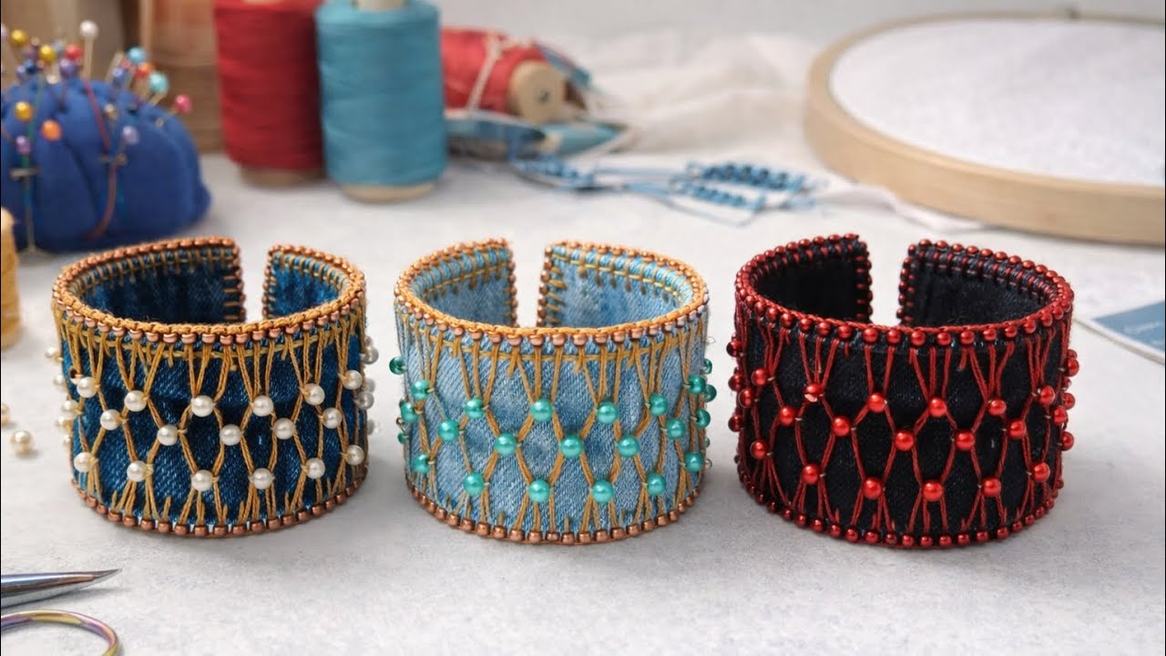 Brazalete de DENIM Y PERLAS: idea increíble para reciclar tus jeans viejos.