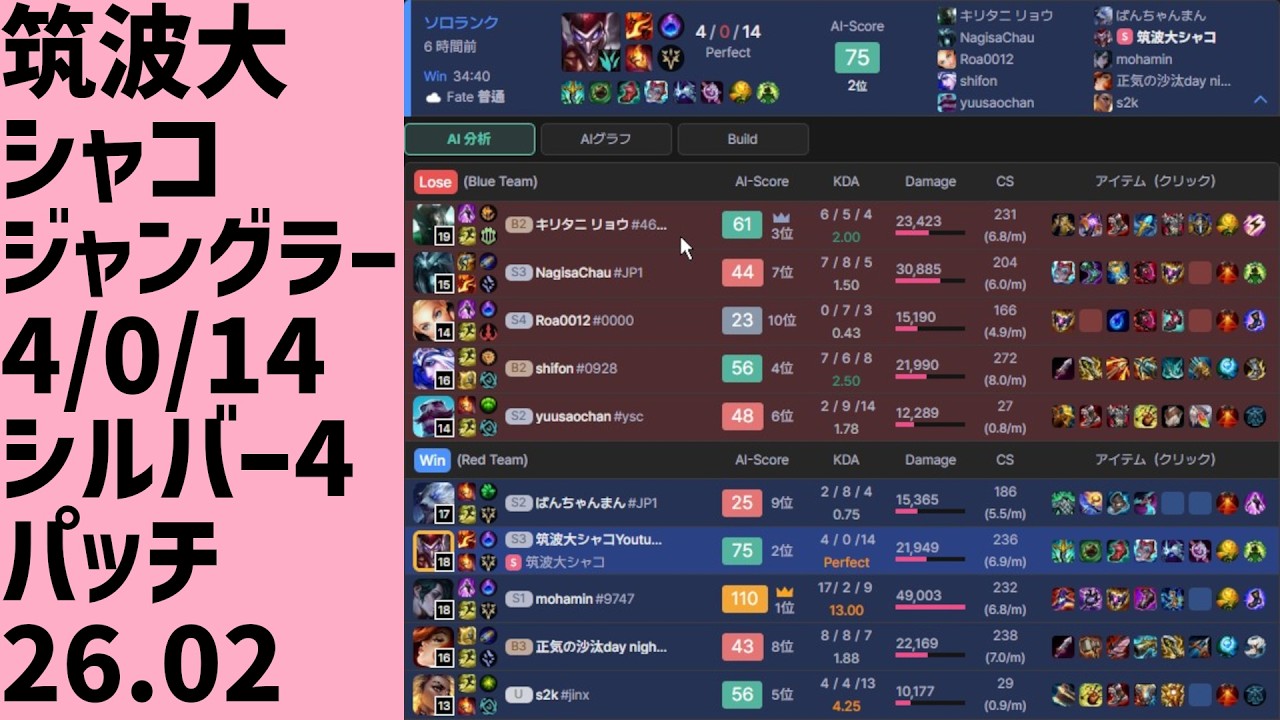 #LeagueOfLegends #shaco #shaco_ap 筑波大シャコ魔力、解説字幕つきキル場面、ジャングラー、勝ち、4/0/14、LOLランク、シルバー4、パッチ26.02