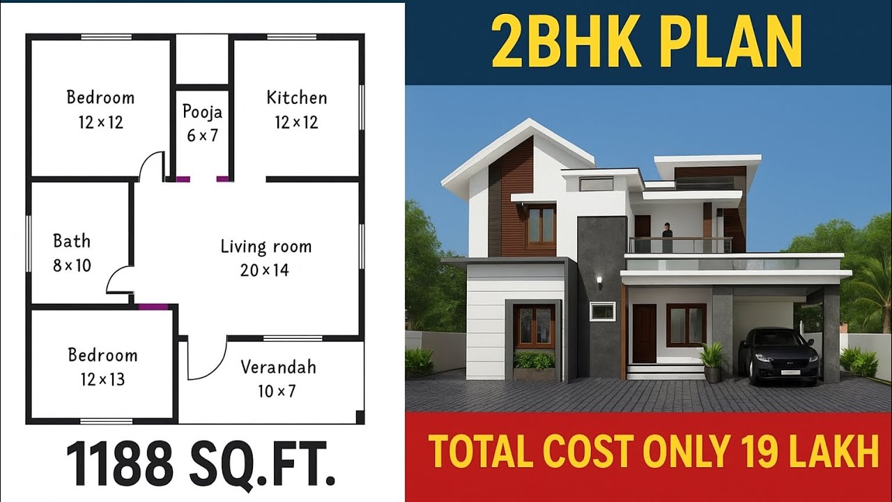 🏠 Modern 2BHK House Design | 1188 Sqft West Facing Plan | Low Budget Home Just 19 Lakh #house #home 