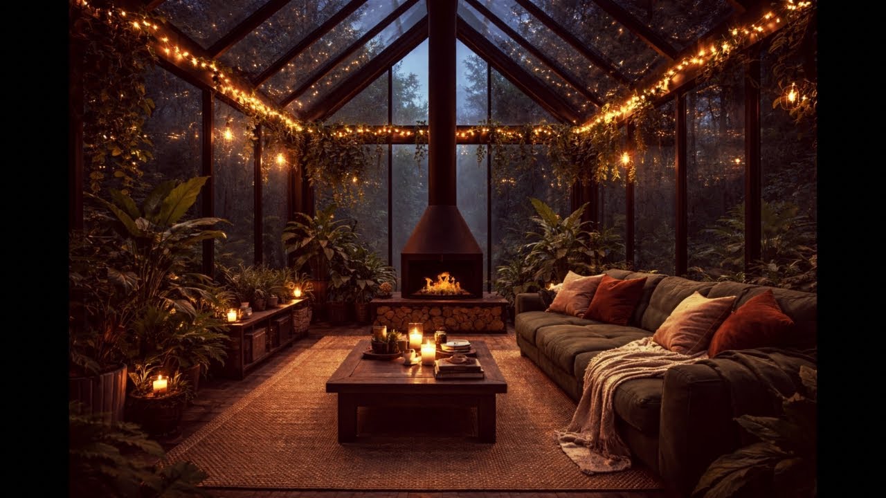 Quiet Greenhouse at Night 🌧️🔥| Rain on Glass & Fireplace Sounds | 3 Hours