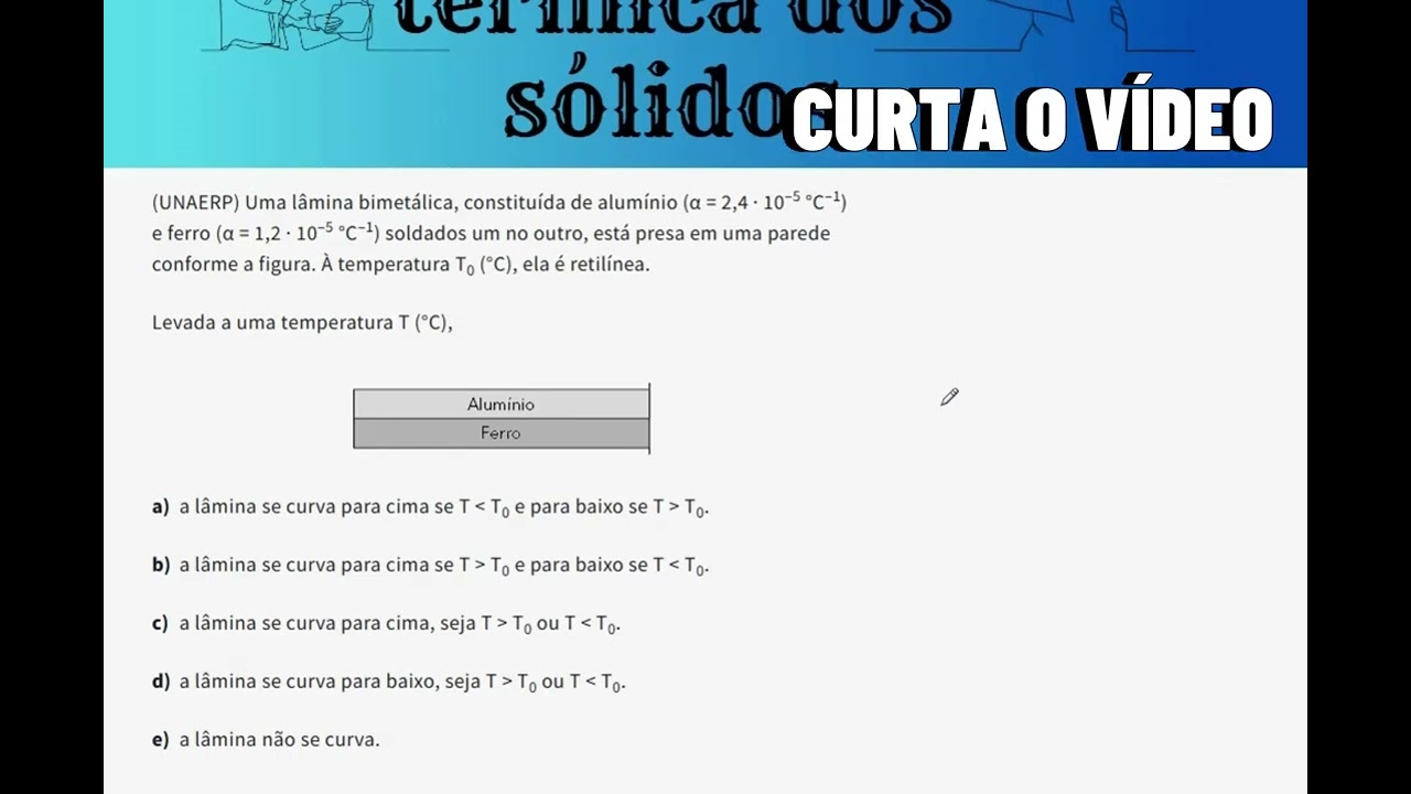 DILATAÇÃO DOS SÓLIDOS AS03: Uma lâmina bimetálica, constituída de alumínio (α = 2,4 · 10–5 °C–1)