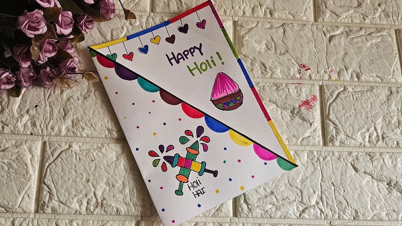 Holi greeting card making | How to make holi greeting card for school competition | Holi card ideas