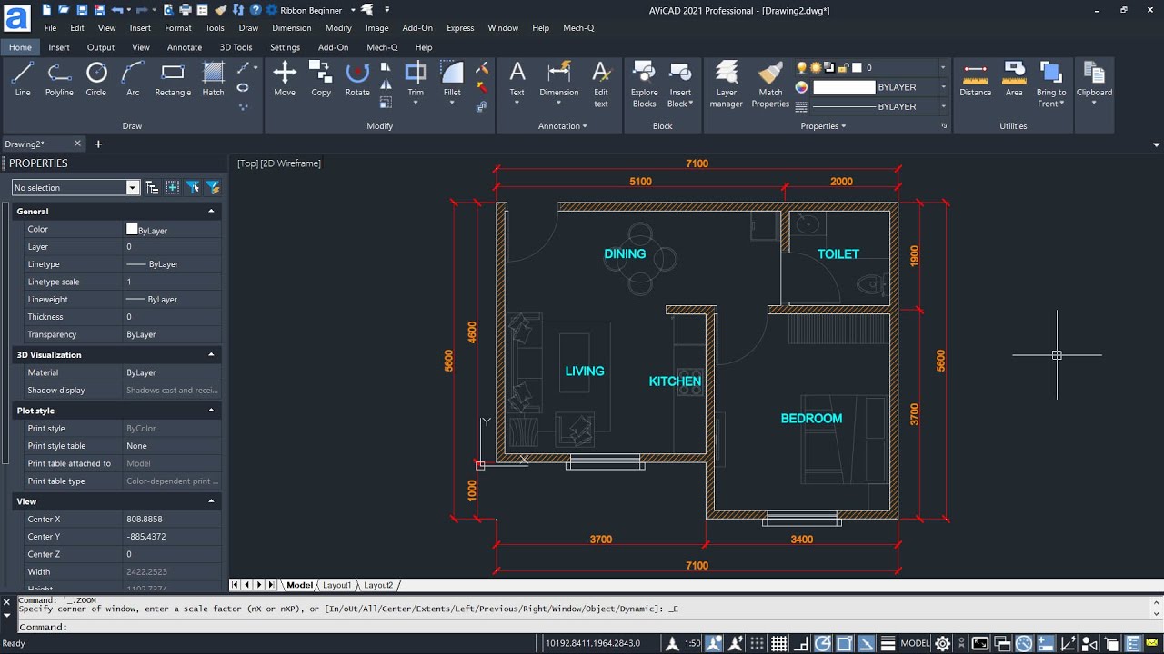 AviCAD 2021 7x6M Apartment Floor Plan Tutorial For Beginner [COMPLETE]