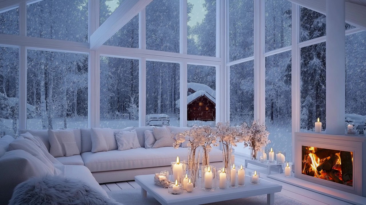 ☃️🎶 Soft Cozy Piano Lounge | Firelight, Snowfall & Flowers For 4 Hours | Deep Focus Meditation