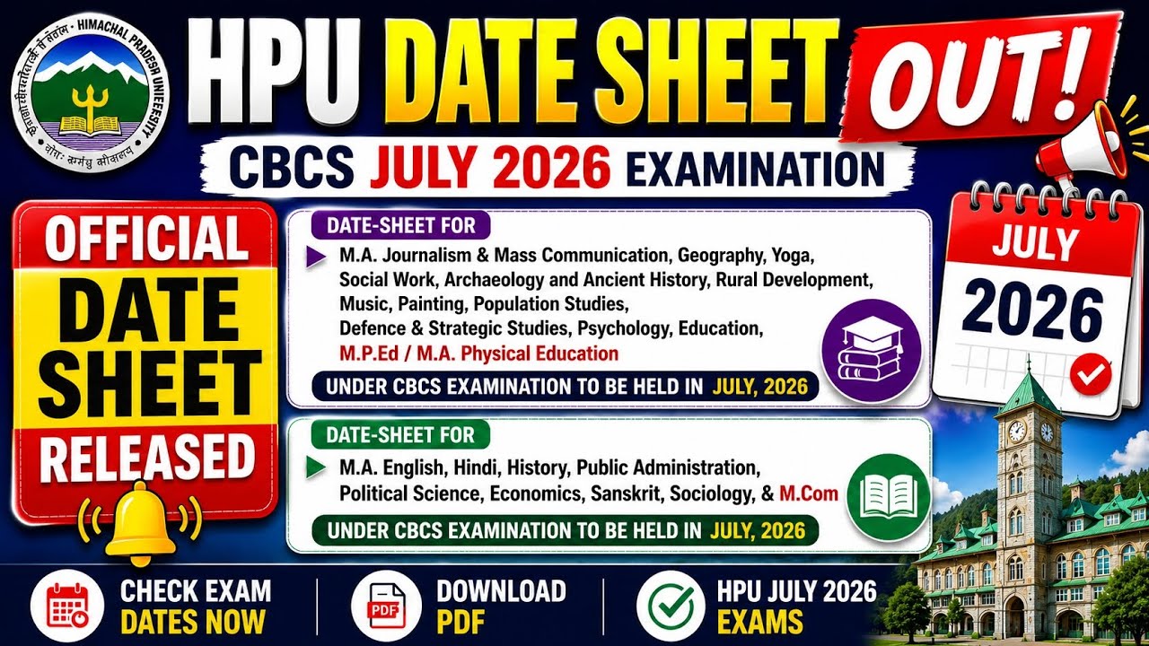 HPU MA & M.Com Date Sheet July 2026 Released | CBCS July 2026 Exam Schedule | Download PDF 2026