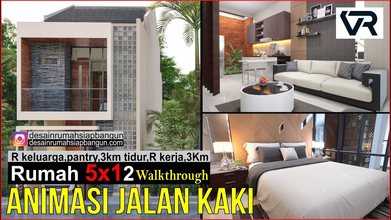 Animasi jalan kaki desain rumah 2 lantai 5x12 lengkap dengan interior rumah modern minimalis FHD