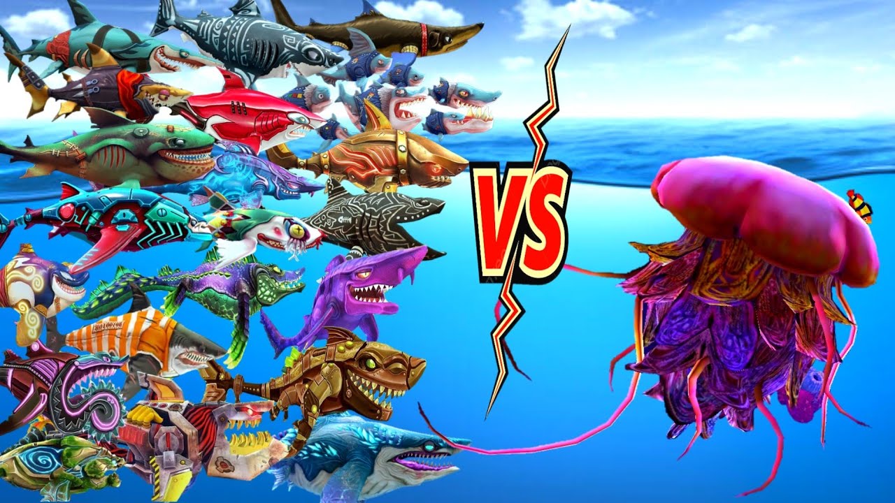 Hungry Shark World - All Sharks & And Skin VS Lion Jelly Fish | Shark game | hungry shark