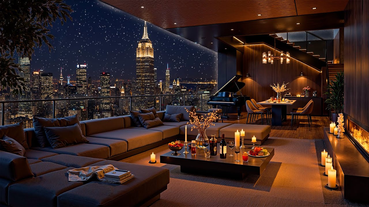 Late Night Jazz 🌃 Luxury NYC Apartment with Relaxing Jazz Saxophone Music & Snowfall for Deep Sleep
