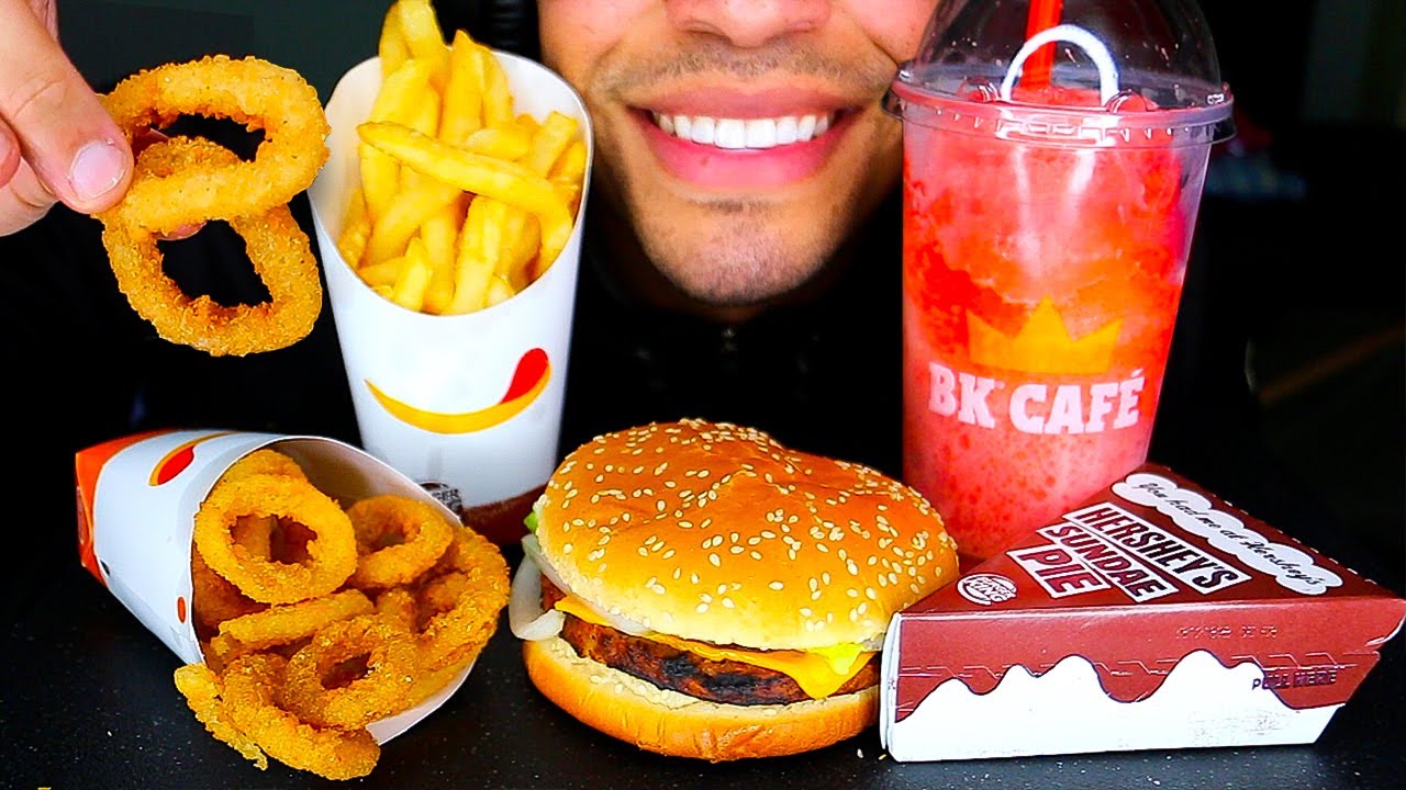 ASMR BURGER KING IMPOSSIBLE BURGER WHOPPER WITH CHEESE FROZEN FANTA DRINK ONION RINGS FRIES MUKBANG