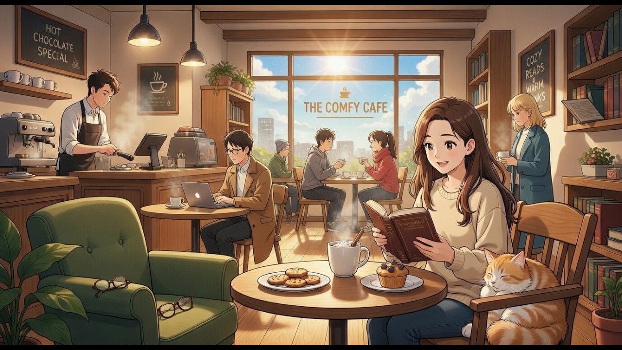 The Comfy Cafe, cafe music, Lo-Fi jazz and chill | Cozy Sweaters & Textbooks