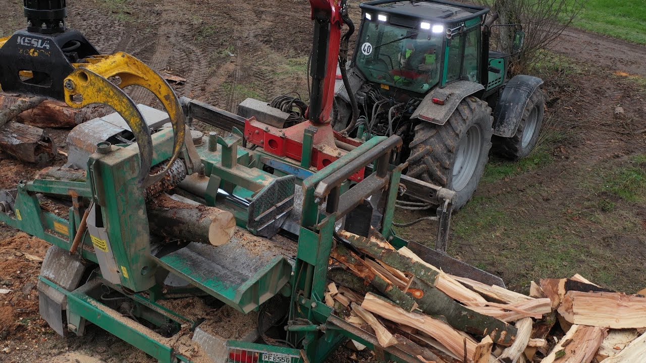 Brennholzaufbereitung mit Sägespaltautomat Lochner SPALTBÜFFEL 2 & Valtra 8550 Brennholz Produktion