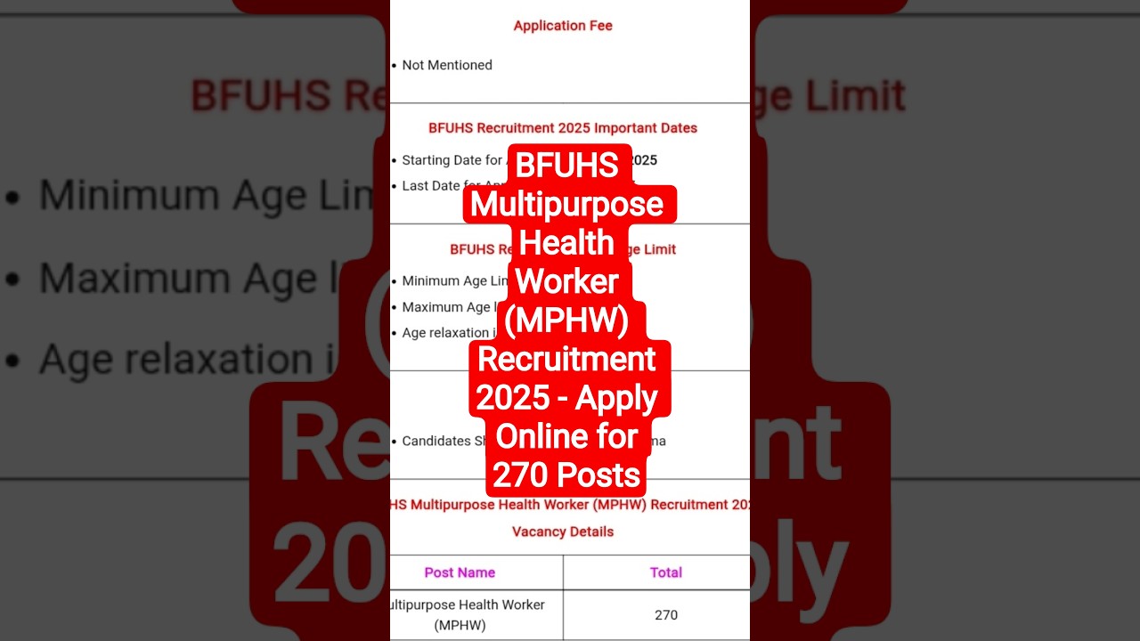 BFUHS Multipurpose Health Worker (MPHW) Recruitment 2025 - Apply Online for 270 Posts