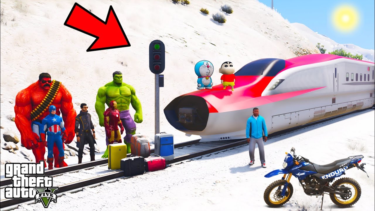Franklin and Shinchan Travel Most Expensive Train for Enjoy With Avengers Going Ice land in GTA V