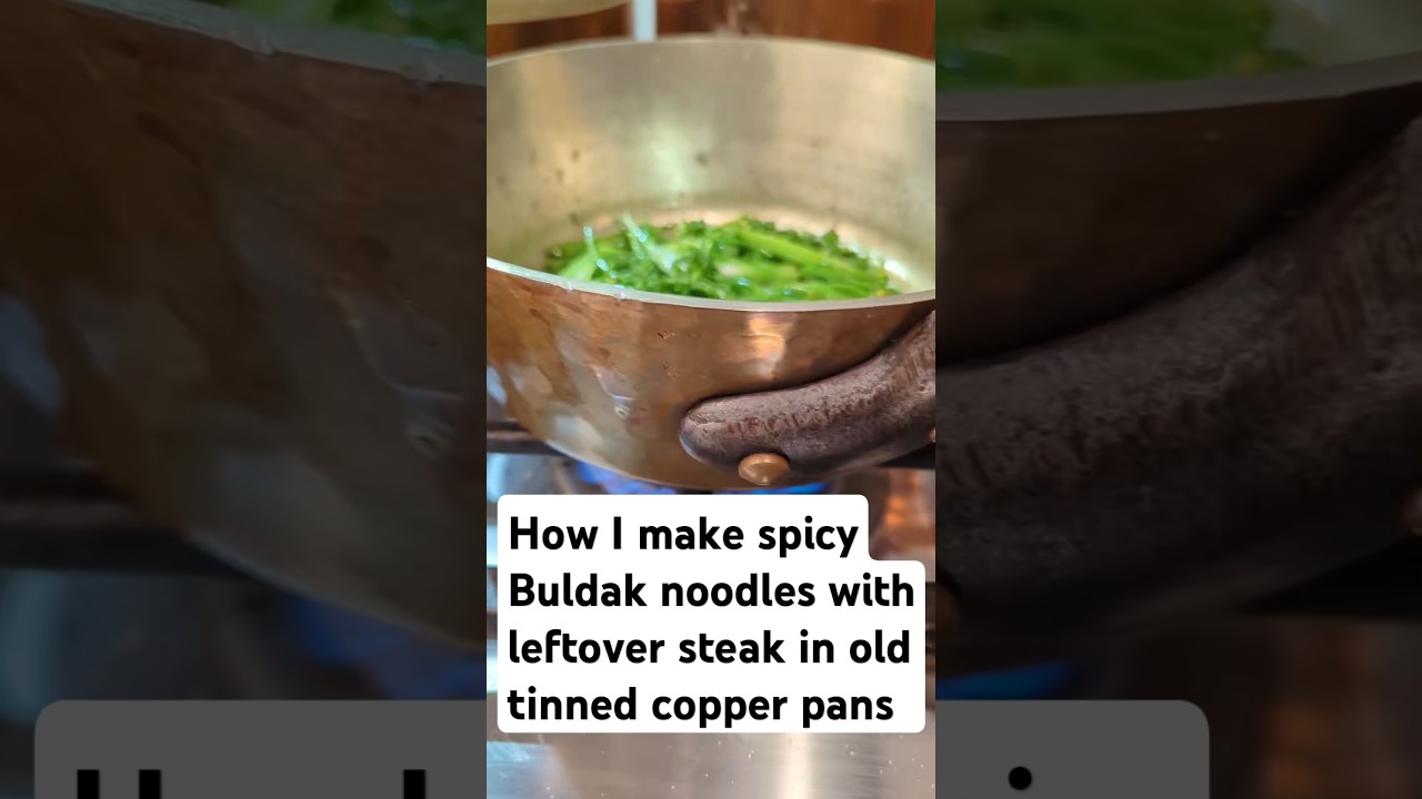 Spicy Buldak noodles with deer steak cooked in vintage French tinned copper pans