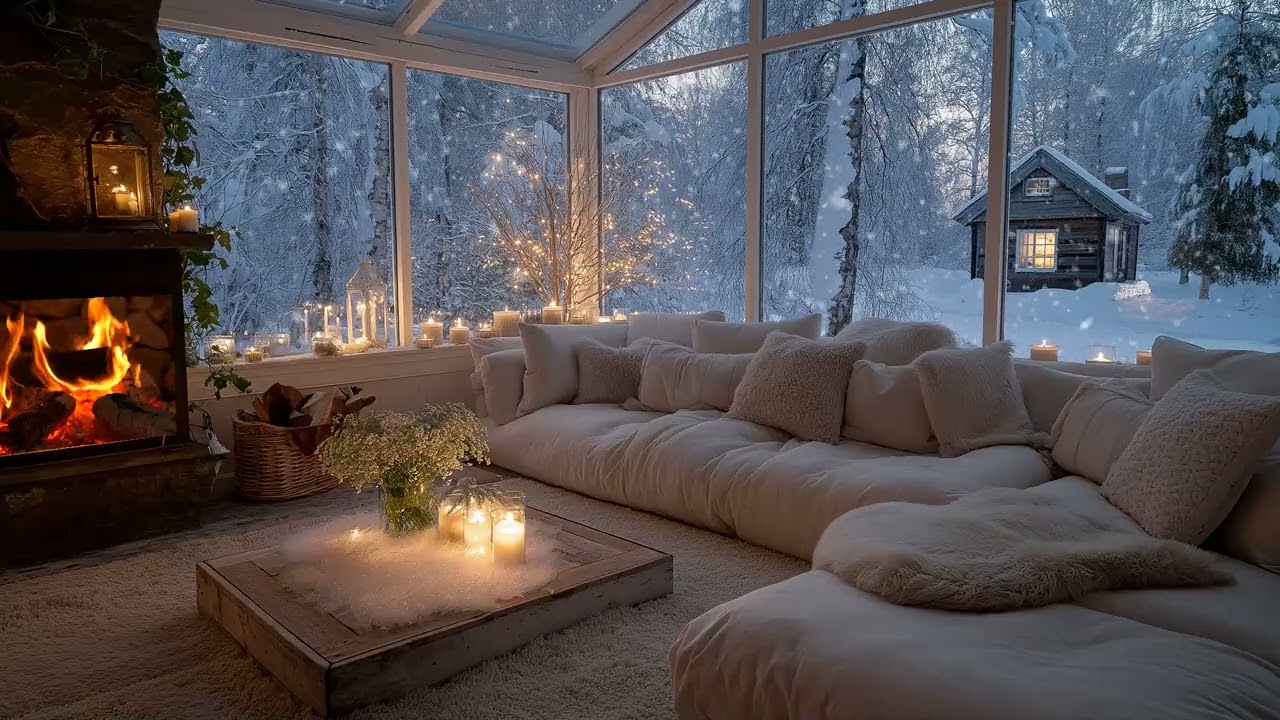 ❄️ Cozy Piano Winter Lounge | 3 Hours White Lounge with Falling Snow | Sleep Calm Healing Study