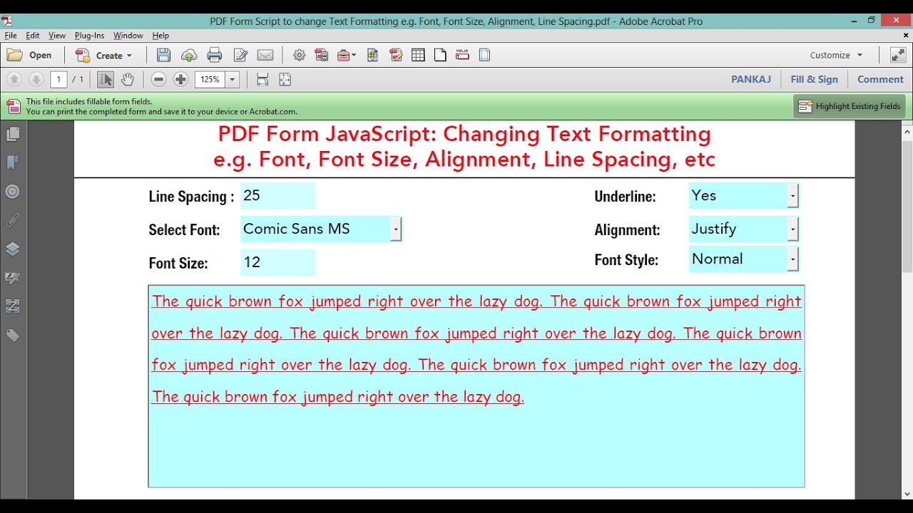 PDF Form Script to change Text Formatting e. g.  Alignment, Line Spacing, Underline, Italics, etc.