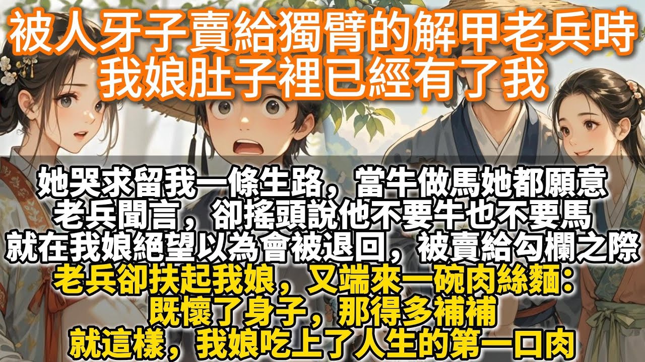 完結暖文：被人牙子賣給獨臂的解甲老兵時，我娘肚子裡已經有了我。她哭求老兵留我一條生路，以後當牛做馬她都願意。老兵聞言，卻搖頭說他不要牛也不要馬。他扶起我娘，又端來一碗肉絲麵： 既懷了身子，那得多補補