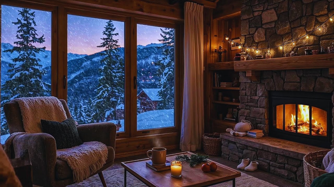 Cozy Winter Cabin Fireplace Ambience Fireplace🔥Snow❄️Relaxing Winter Sounds.