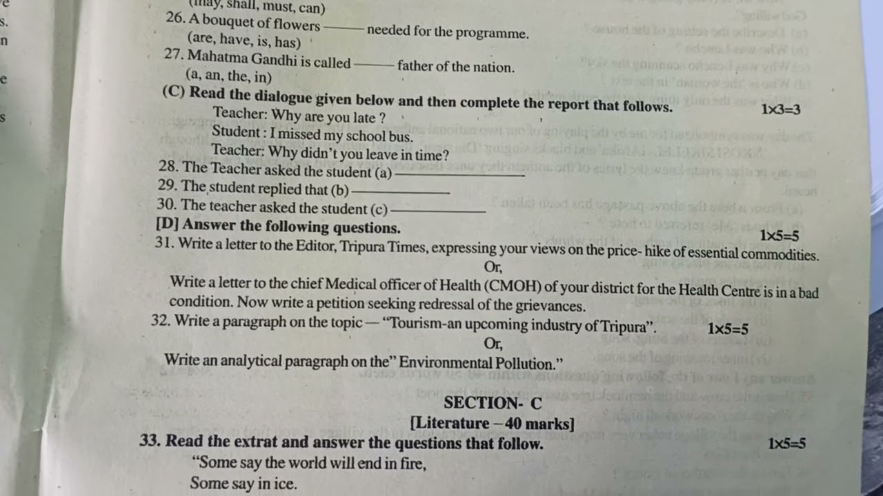 TBSE board class 10 english question paper 2025 for half yearly exam. 