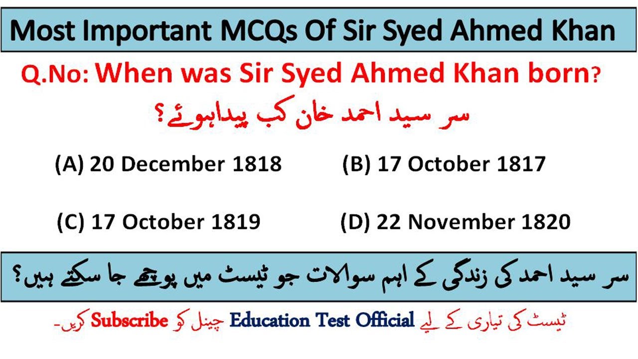 Sir Syed Ahmed Khan MCQs | Most Important MCQs about Sir Syed Ahmed Khan | IBA Test Preparation
