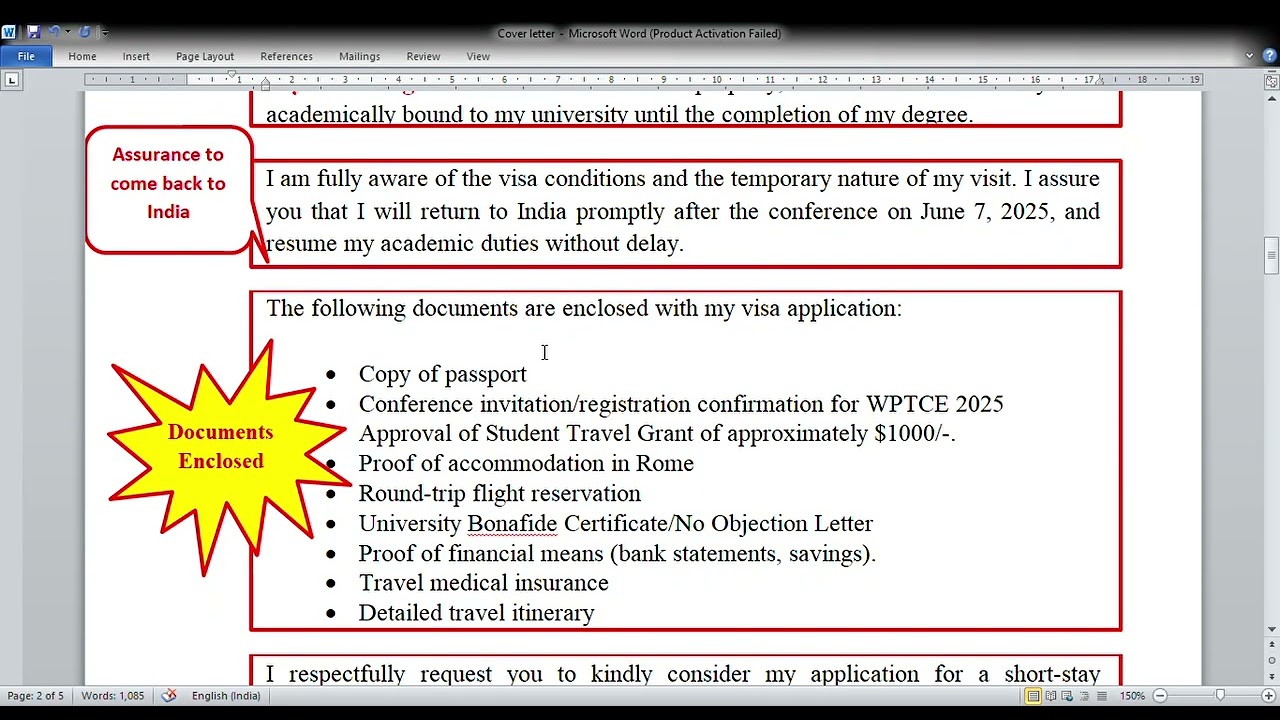 Schengen visa|| Sample Cover letter for attending Conference in Italy||