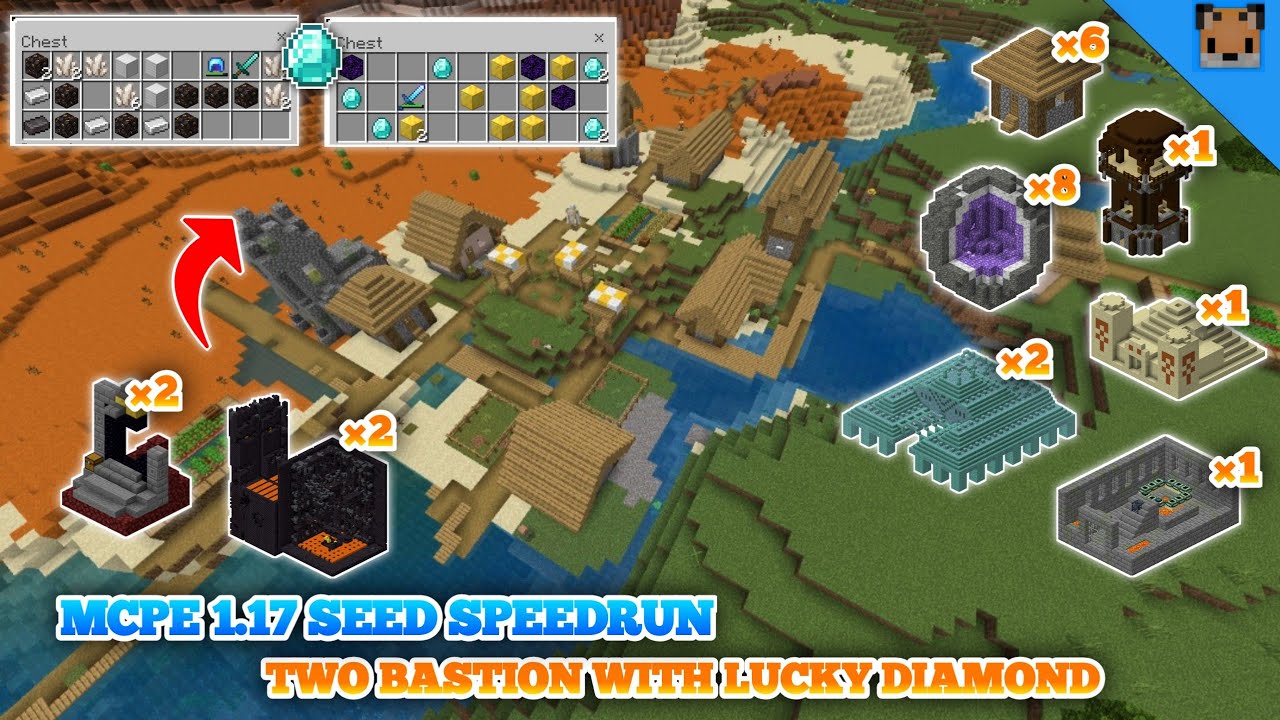 Minecraft PE 1.17 Seed Speedrun - Village & Pillage / Portal with 2 Bastion / Lucky Diamond & Other