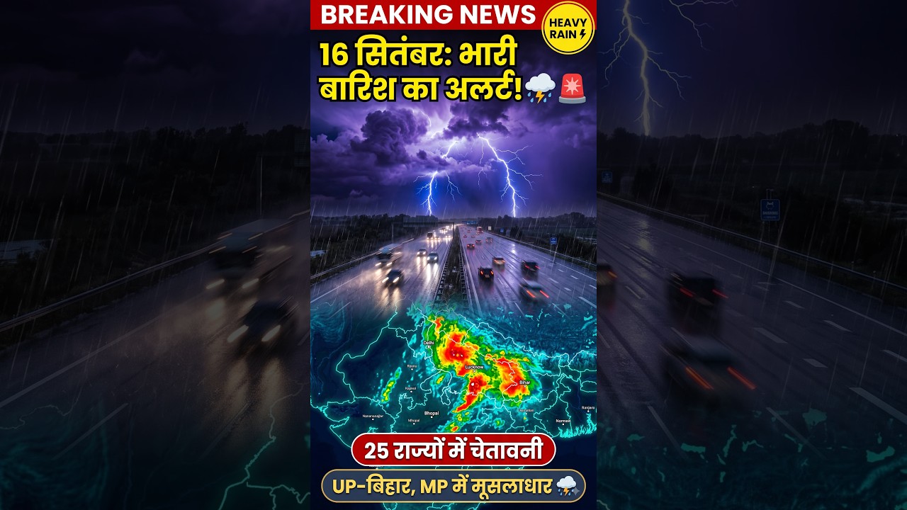 कल का मौसम 16 सितंबर: 25 राज्यों में भारी बारिश का अलर्ट! UP-बिहार, MP और राजस्थान में रेड अलर्ट 🌧️⚡