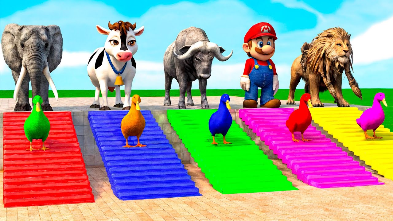 Long Slide Game with Mario Cow Elephant Gorilla Hippopotamus Tiger 3d Animal Game Funny 3d Animals