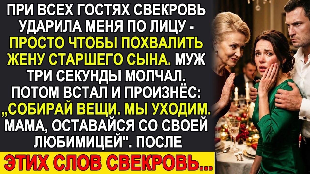 Свекровь влепила пощёчину при всех гостях. Муж молчал три секунды, а потом встал и сказал