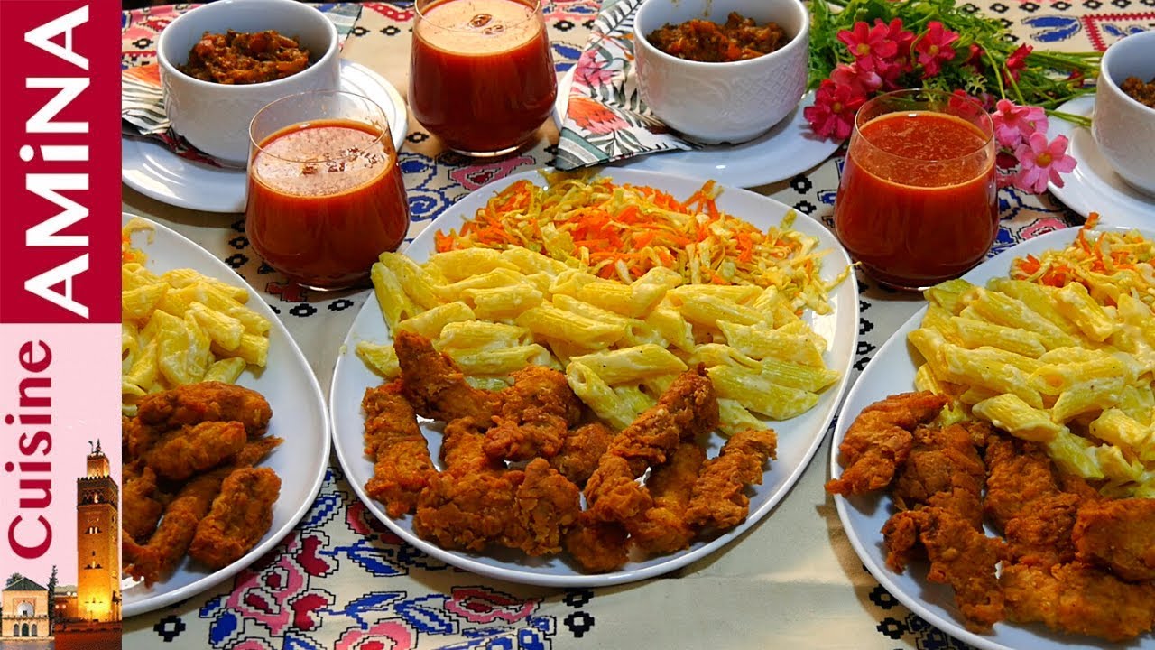 فكرة جد رائعة لوجبة غذاء أوعشاء وصفة أصابع الدجاج المقرمشة مع المعكرونة بالصلصة البيضا وسلطة الملفوف