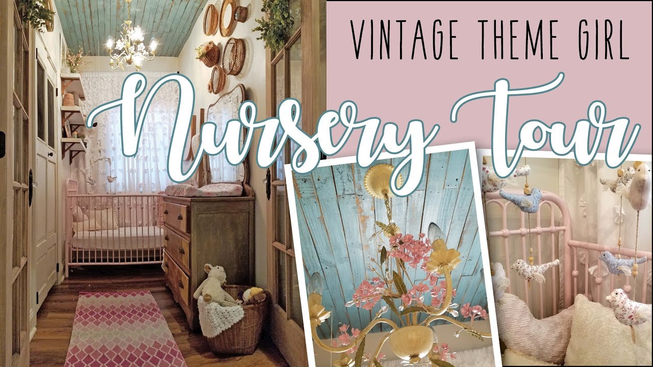 Nursery Tour • Vintage Themed Baby Girls Room • DIY mobile, closet doors, wood ceiling