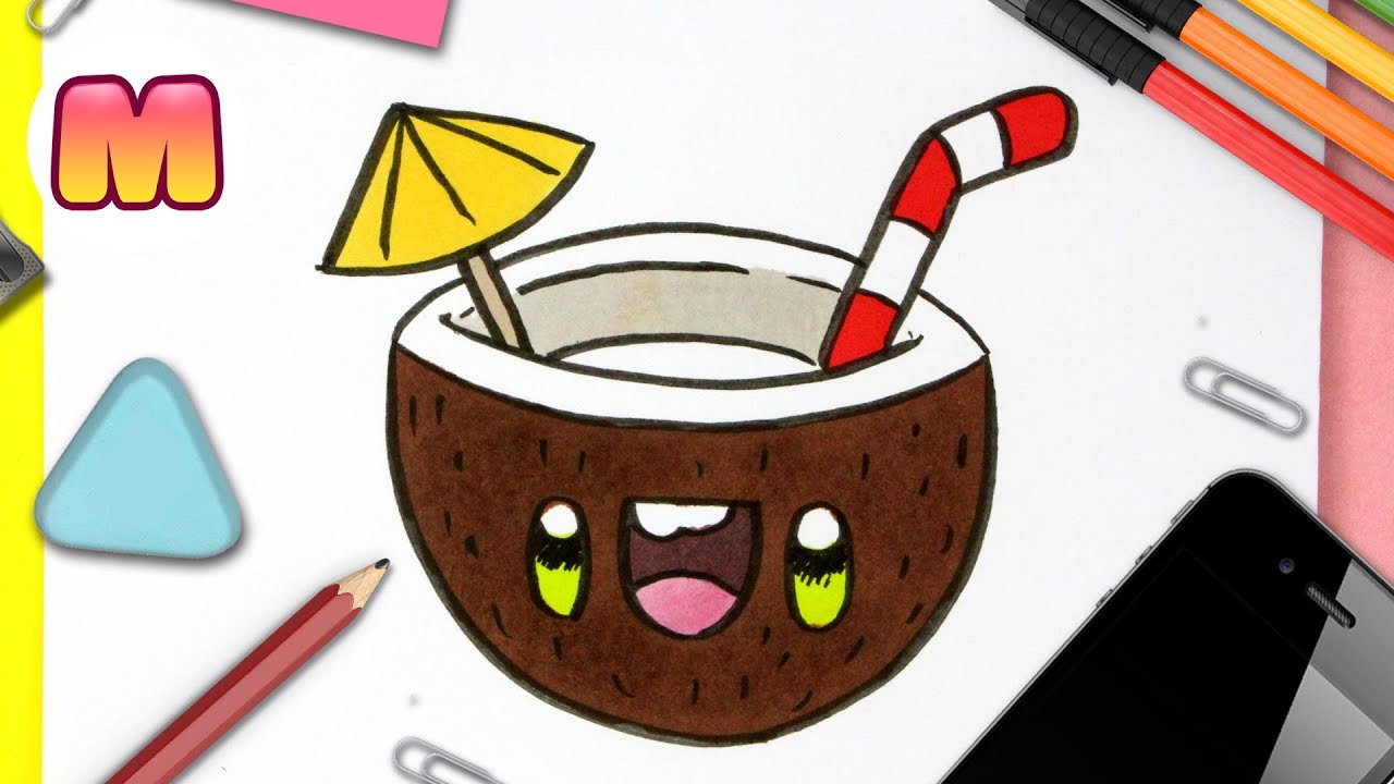 COMO DIBUJAR UN COCTEL DE COCO KAWAII - dibujos kawaii faciles - como dibujar comida y fruta kawaii